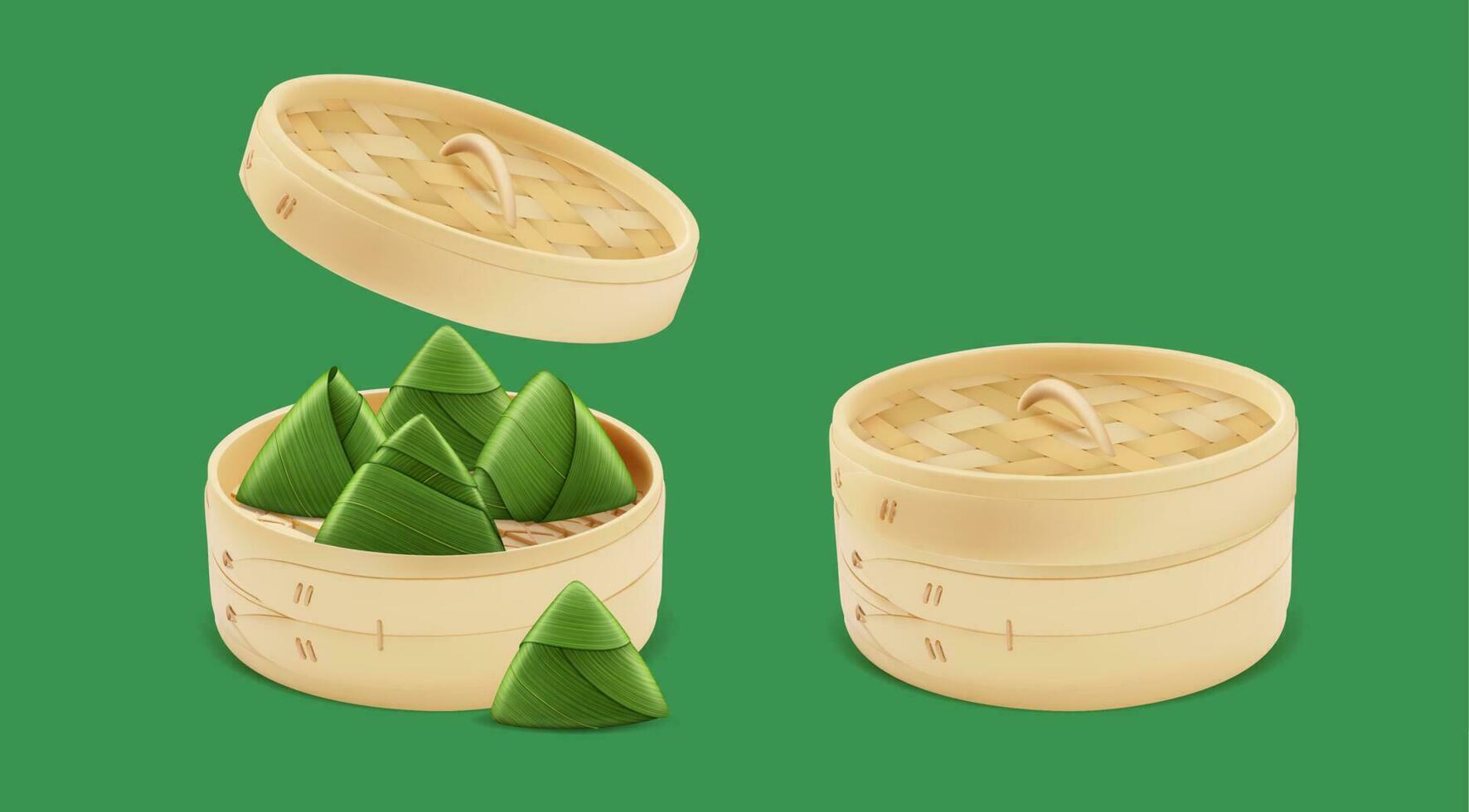 Realistic Detailed 3d Bamboo Steamer with Lid and Rice Dumplings Set. Vector