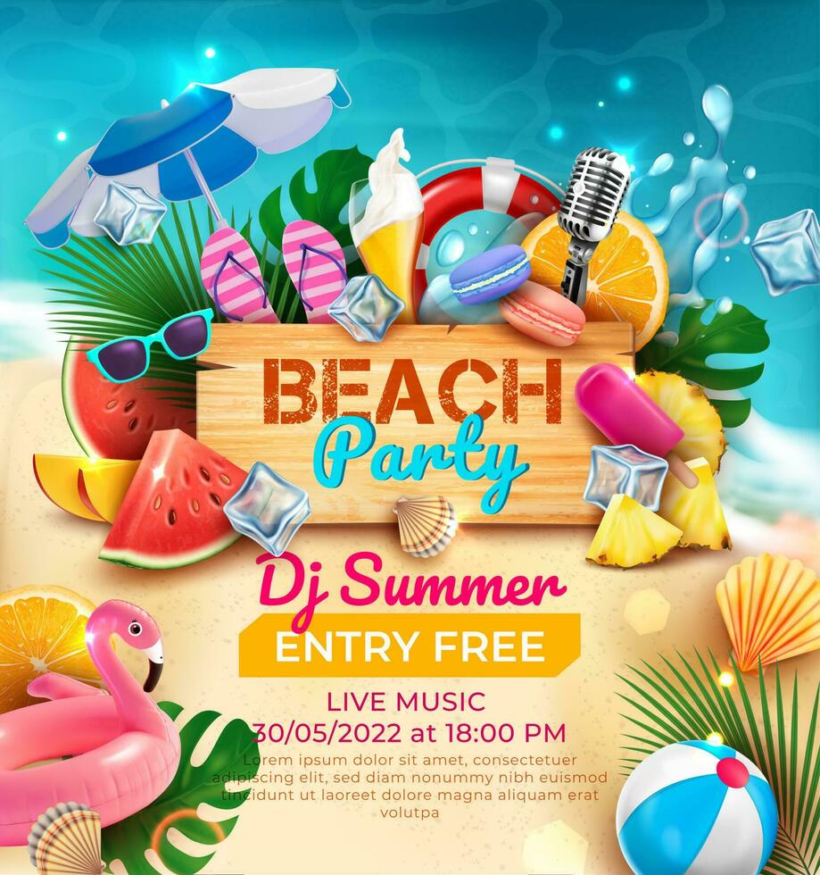 Beach Party Entry Free Invitation Ads Banner Concept Poster Card. Vector