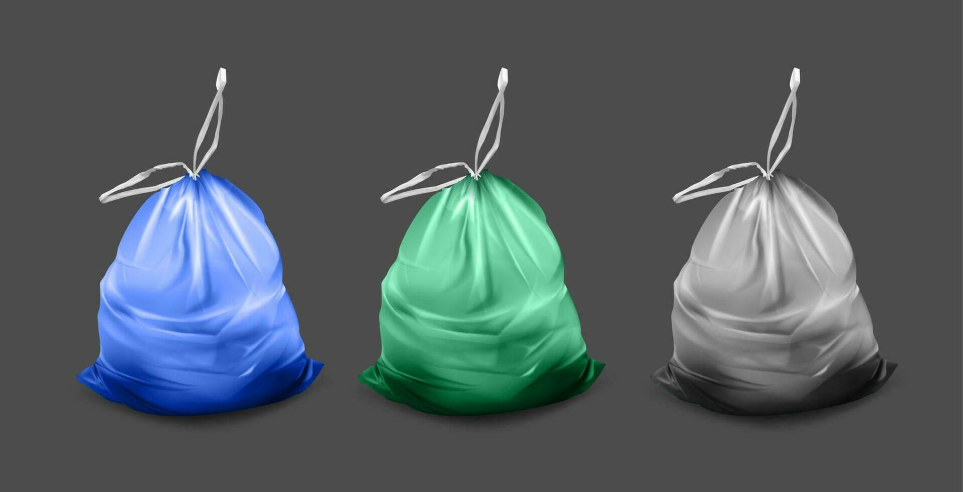 Realistic Detailed 3d Different Color Plastic Trash Bag Set. Vector