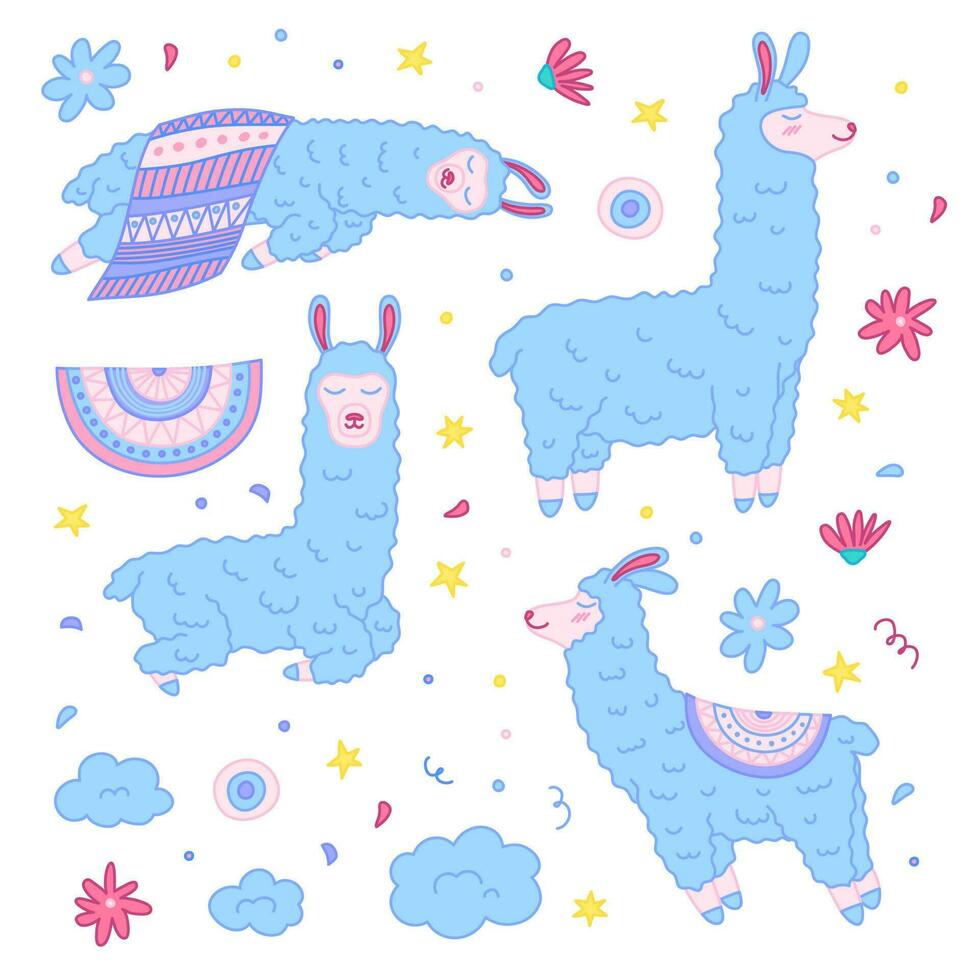 Cartoon Color Doodle Llamas Fun Set. Vector