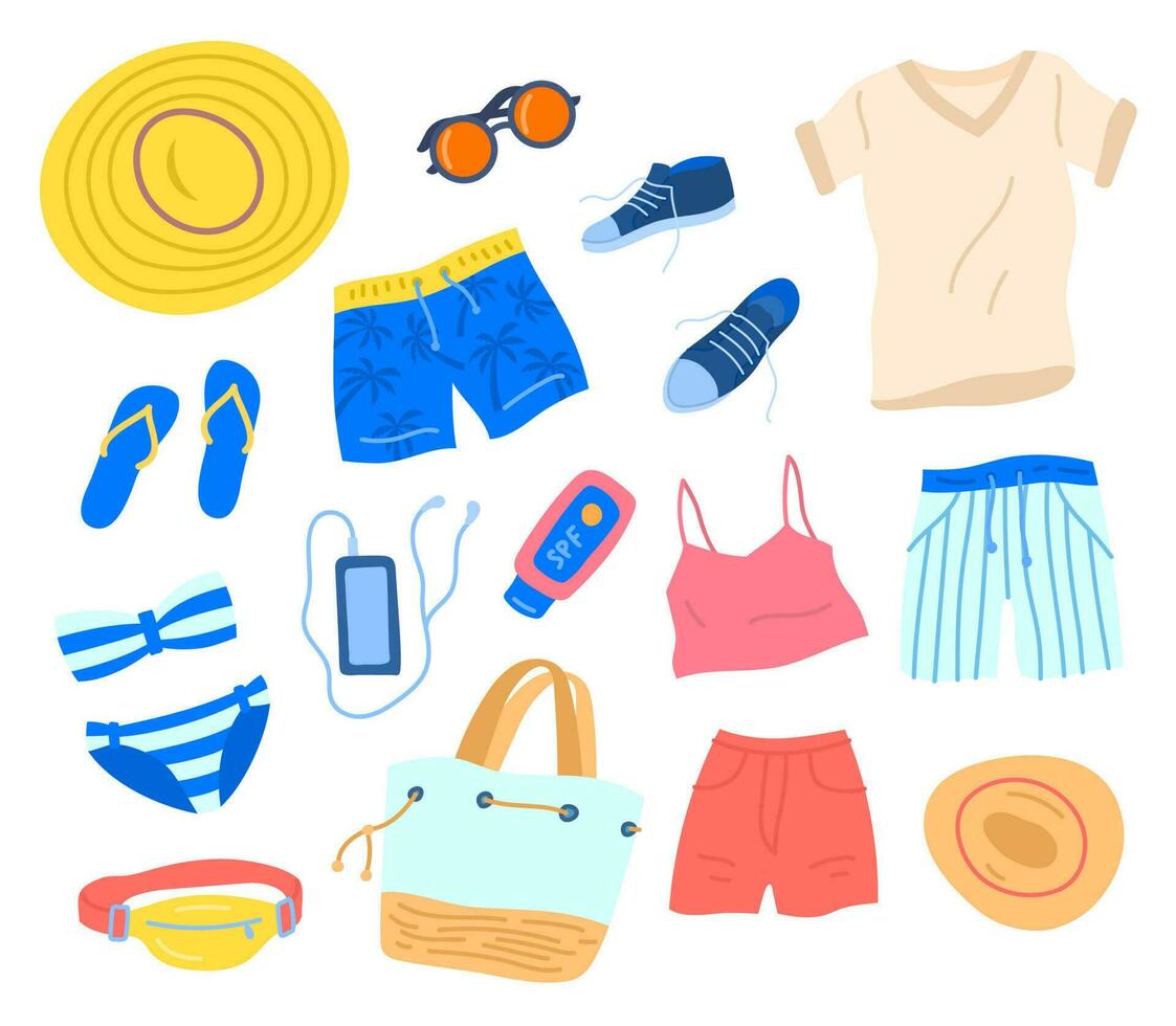 Cartoon Summer Travel Stuff and Beach Clothes Icon Set. Vector