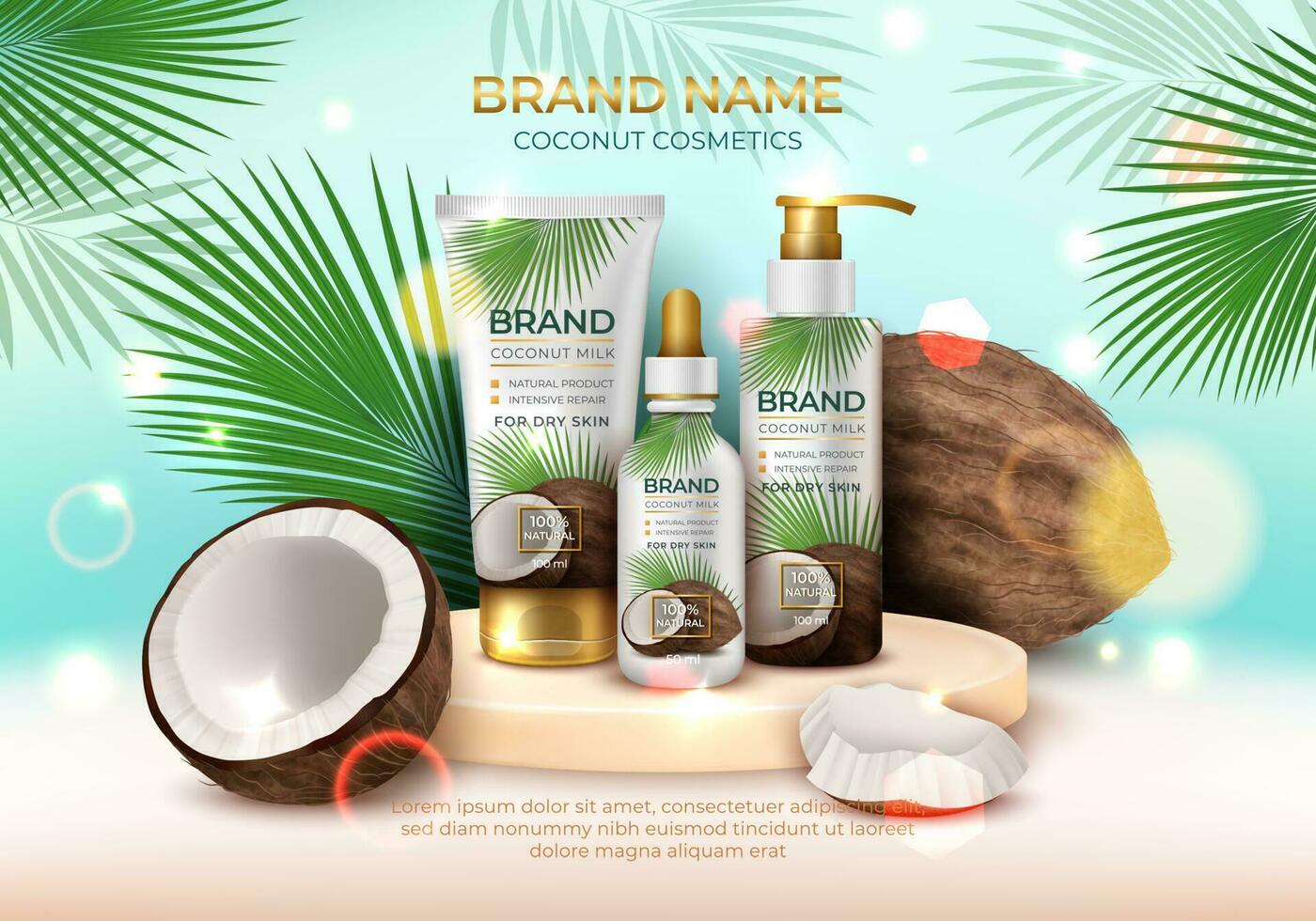 Realistic Detailed 3d Coconut Cosmetics Ads Banner Concept Card. Vector