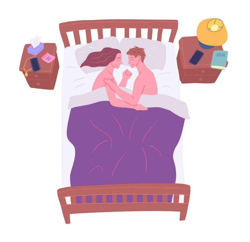 Cartoon Color Characters Romantic Couple in Bed. Vector