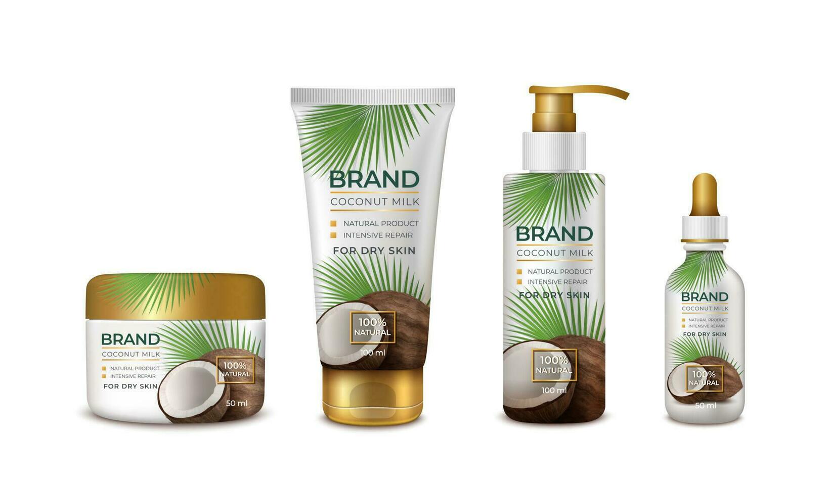 Realistic Detailed 3d Coconut Natural Cosmetic Bottle Set. Vector