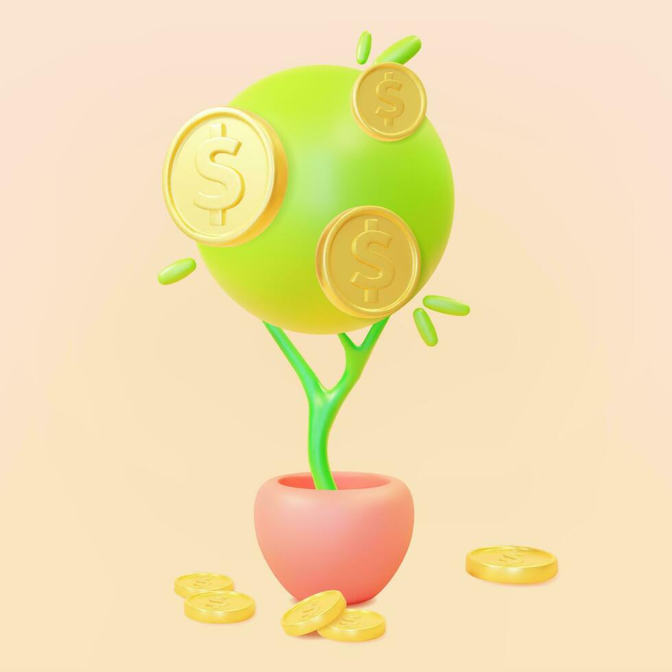 3d Money Investment Tree Plasticine Cartoon Style. Vector