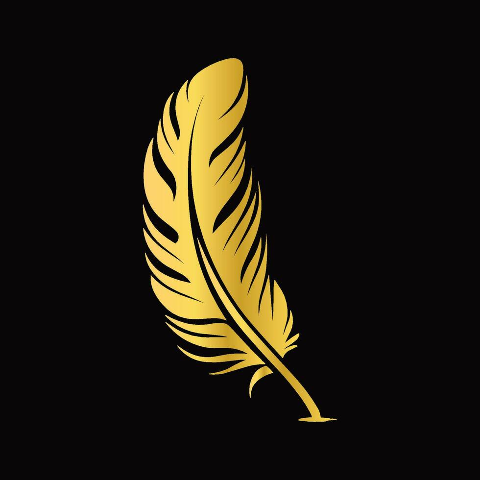 Golden bird feather icon. Decorative design element isolated on black background vector