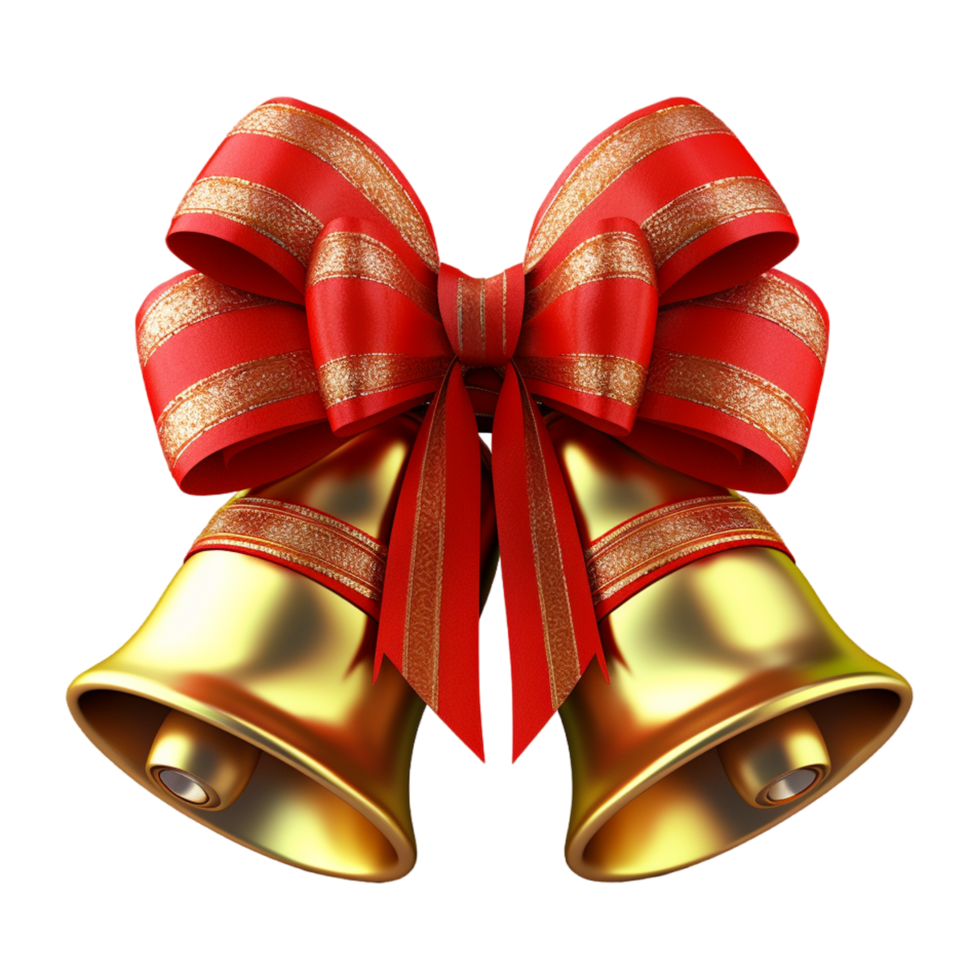 Christmas Holly And Ribbon Decorated Golden Textured Bells. png