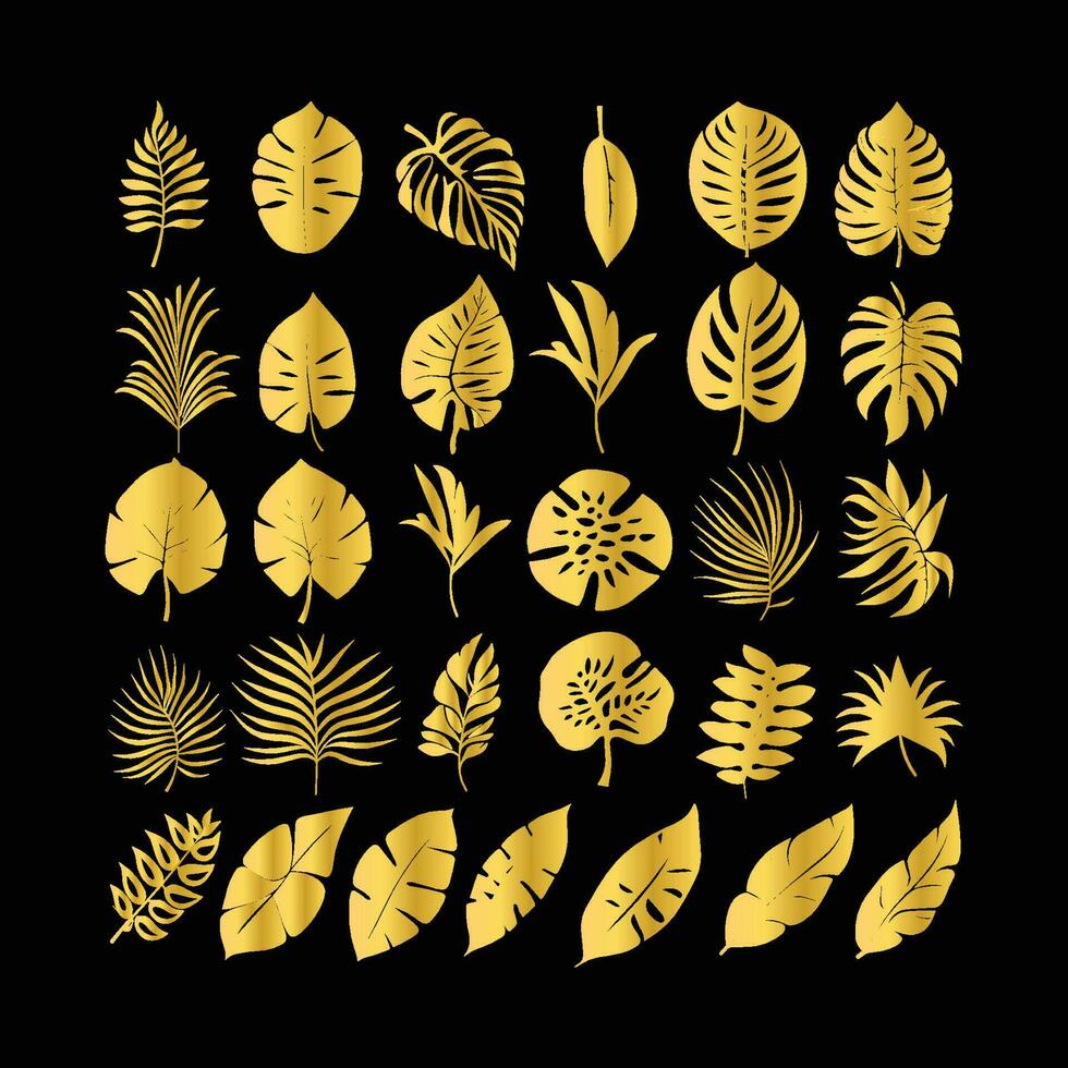 Set gold tropical leaf isolated. Vector illustration.