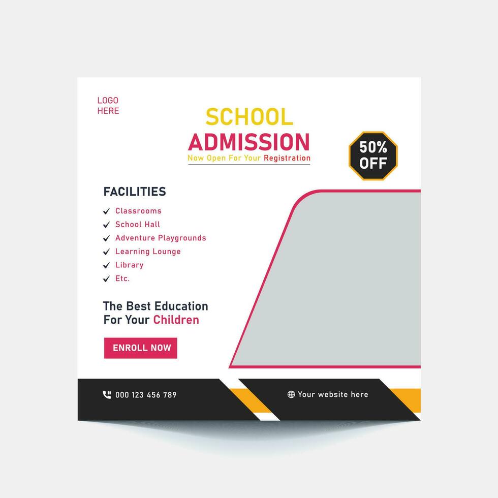School education admission social media post or back to school web banner template or square flyer poster, School admission social media post. vector
