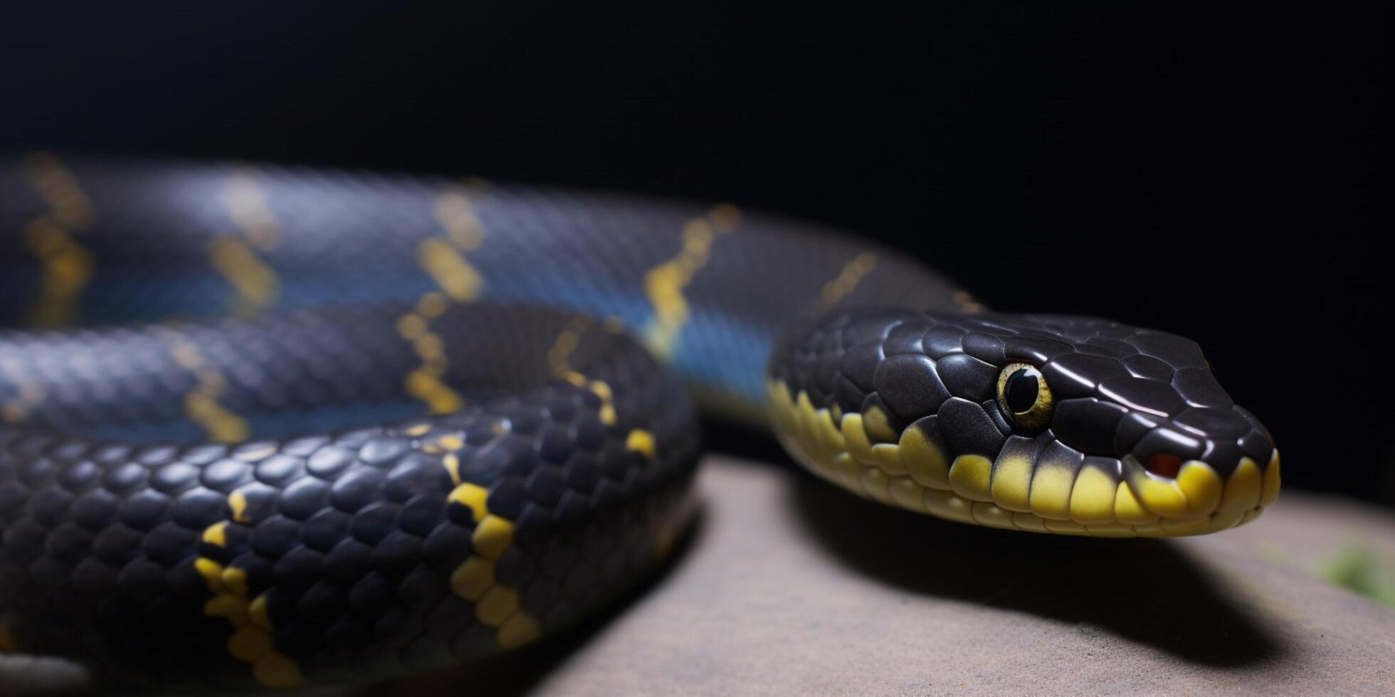 A snake with bright yelllow eyes and blue body photo