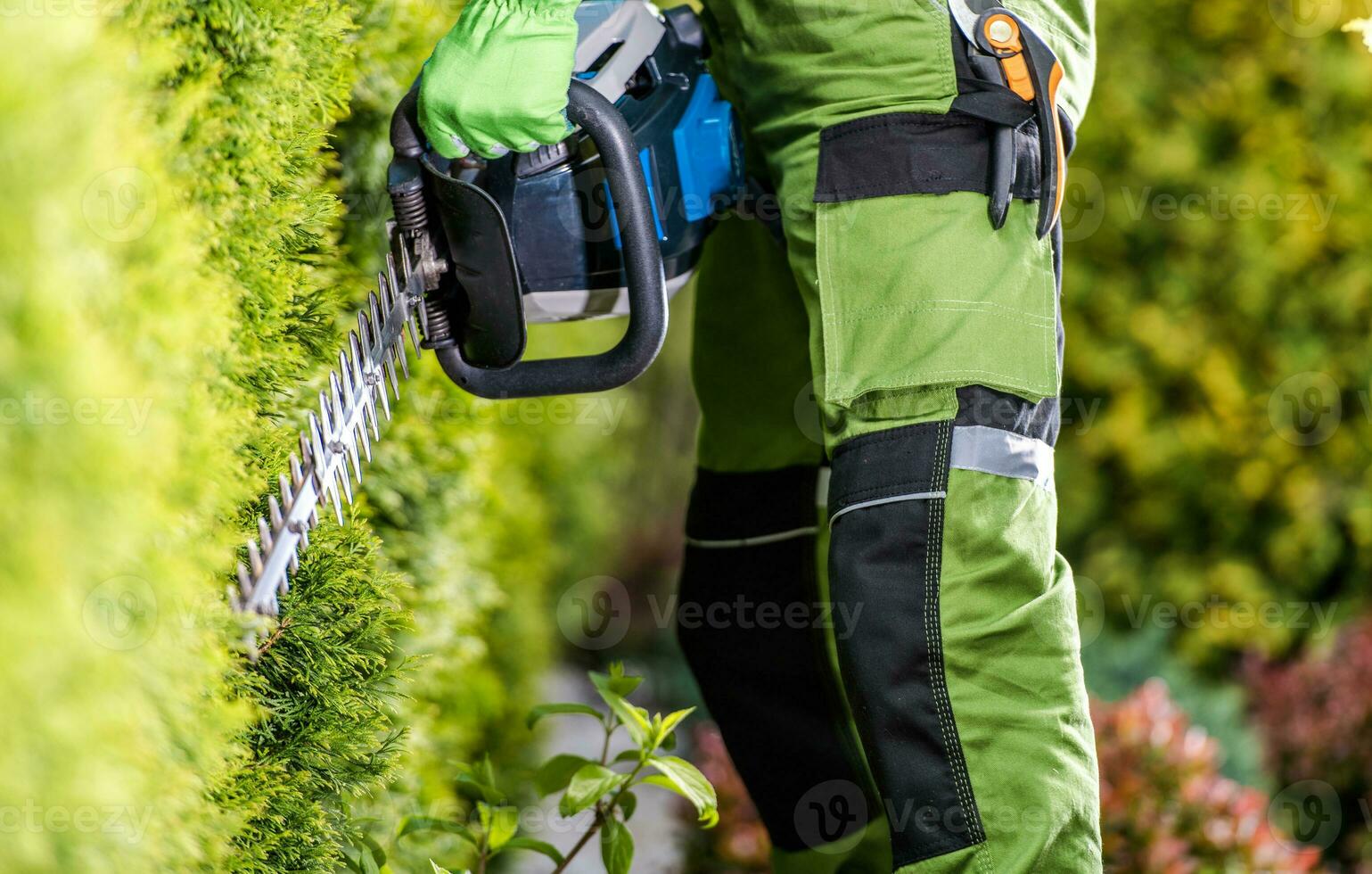 profesional jardinero con cobertura recortadora haciendo su trabajo en el jardín foto