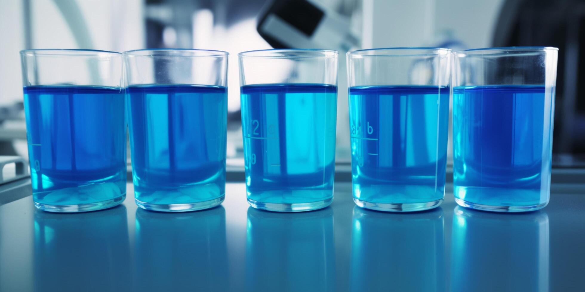 Row of beakers with blue liquid in them photo