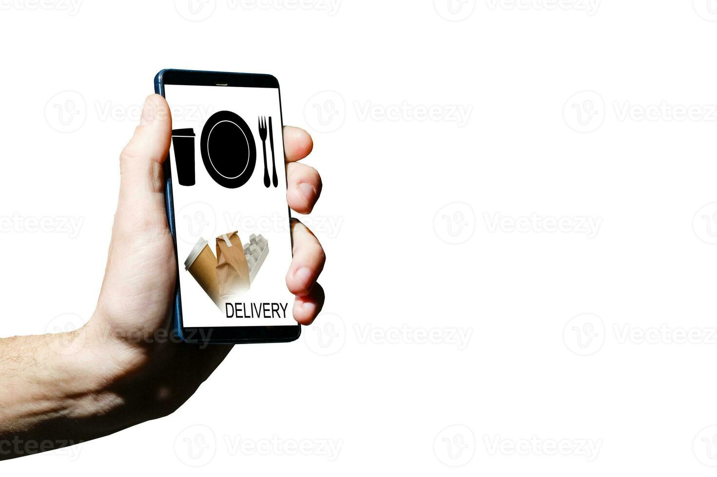 Hand holding mobile with Order food with white background, Order food online business concept. photo