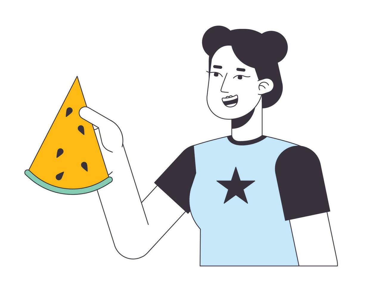 Cheerful asian girl holding watermelon slice flat line vector spot illustration. 2D cartoon outline character on white for web UI design. Summer picnic editable isolated colorful hero image