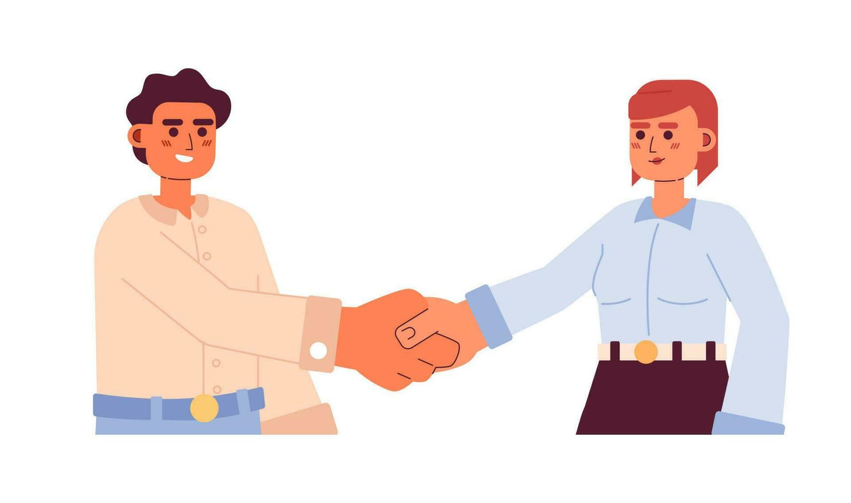 Closing business deal semi flat colorful vector characters. Woman and man business partners shaking hands. Editable half body people on white. Simple cartoon spot illustration for web graphic design