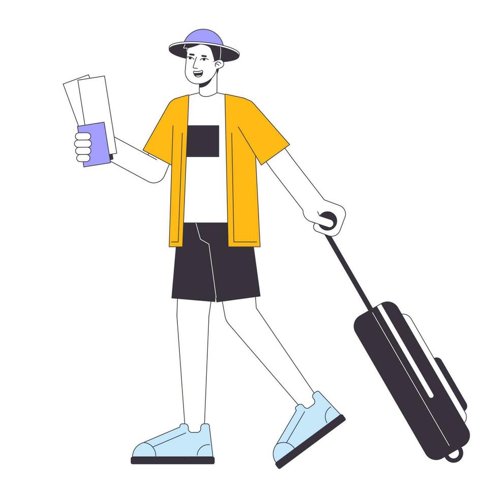 Going on vacation flat line vector spot illustration. Asian traveler carrying baggage 2D cartoon outline character on white for web UI design. Airport travelling editable isolated colorful hero image