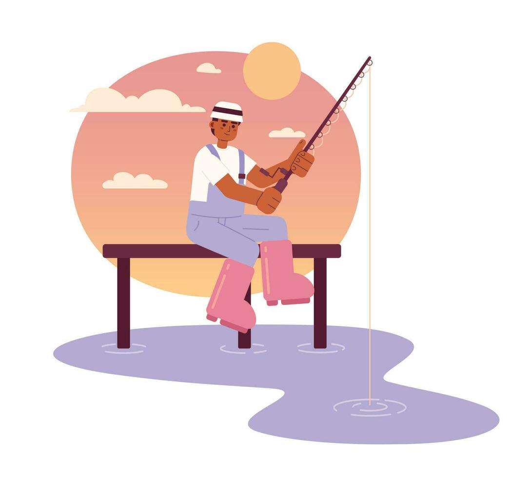Fishing in sunset flat vector spot illustration. African american fisherman on dock 2D cartoon character on white background for web UI design. Catch fish on lake isolated editable creative hero image