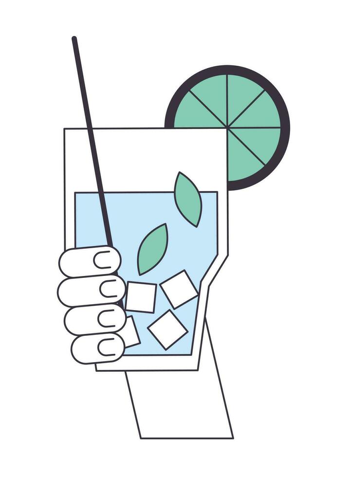 Summer refreshment flat line vector spot illustration. Holding straw cocktail glass with ice 2D cartoon outline first view hand on white for web UI design. Editable isolated colorful hero image