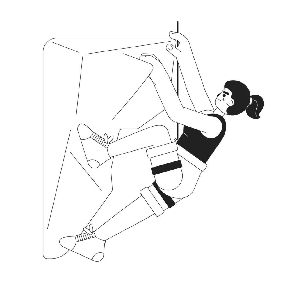 Rock climbing concept hero image. Climber woman hanging on cliff 2D cartoon outline character on white background. Mountaineering isolated black and white illustration. Vector art for web design ui