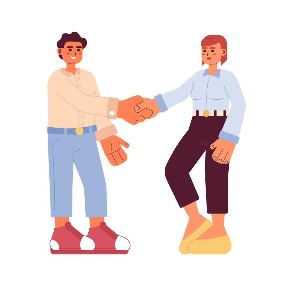 Business deal handshake semi flat colorful vector characters. Partnership. Business partners meeting. Editable full body people on white. Simple cartoon spot illustration for web graphic design