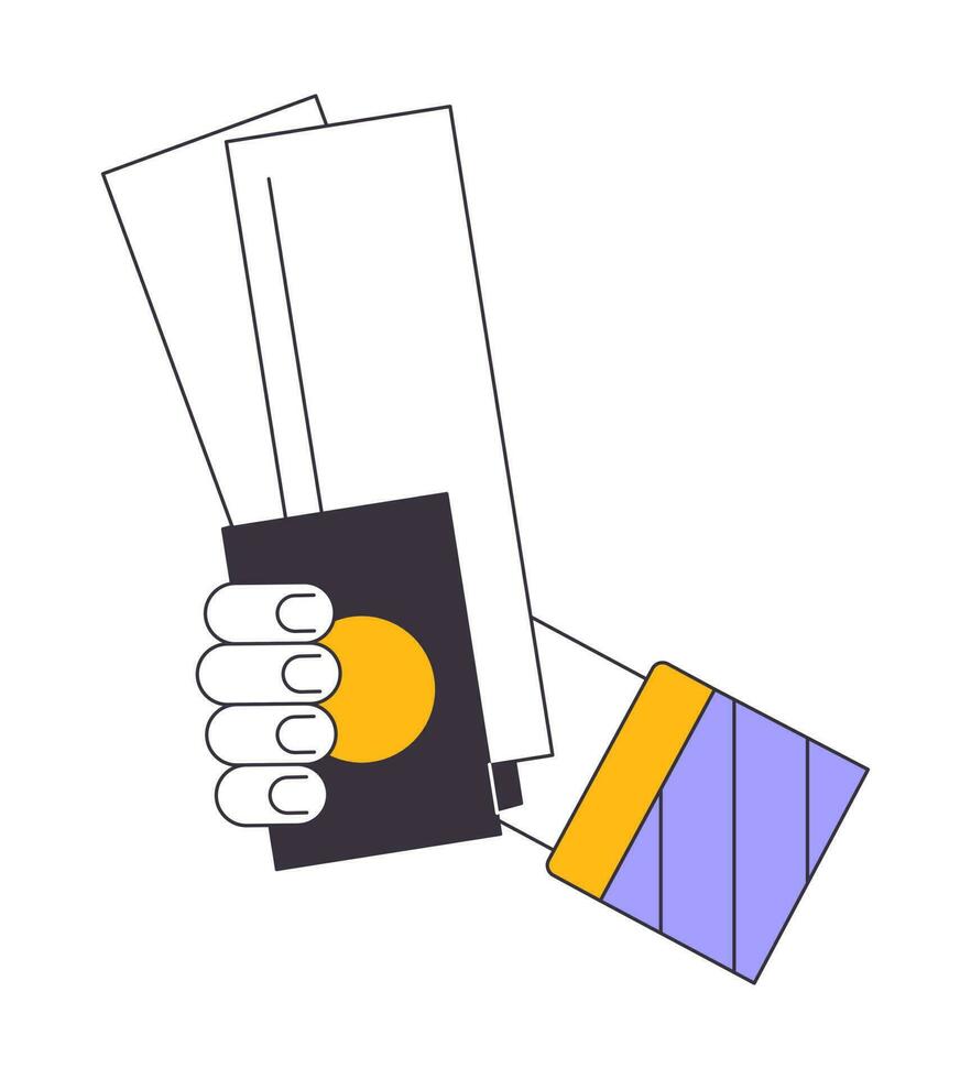 Going on trip flat line vector spot illustration. Holding tickets with passport for travel 2D cartoon outline first view hand on white for web UI design. Flight editable isolated colorful hero image