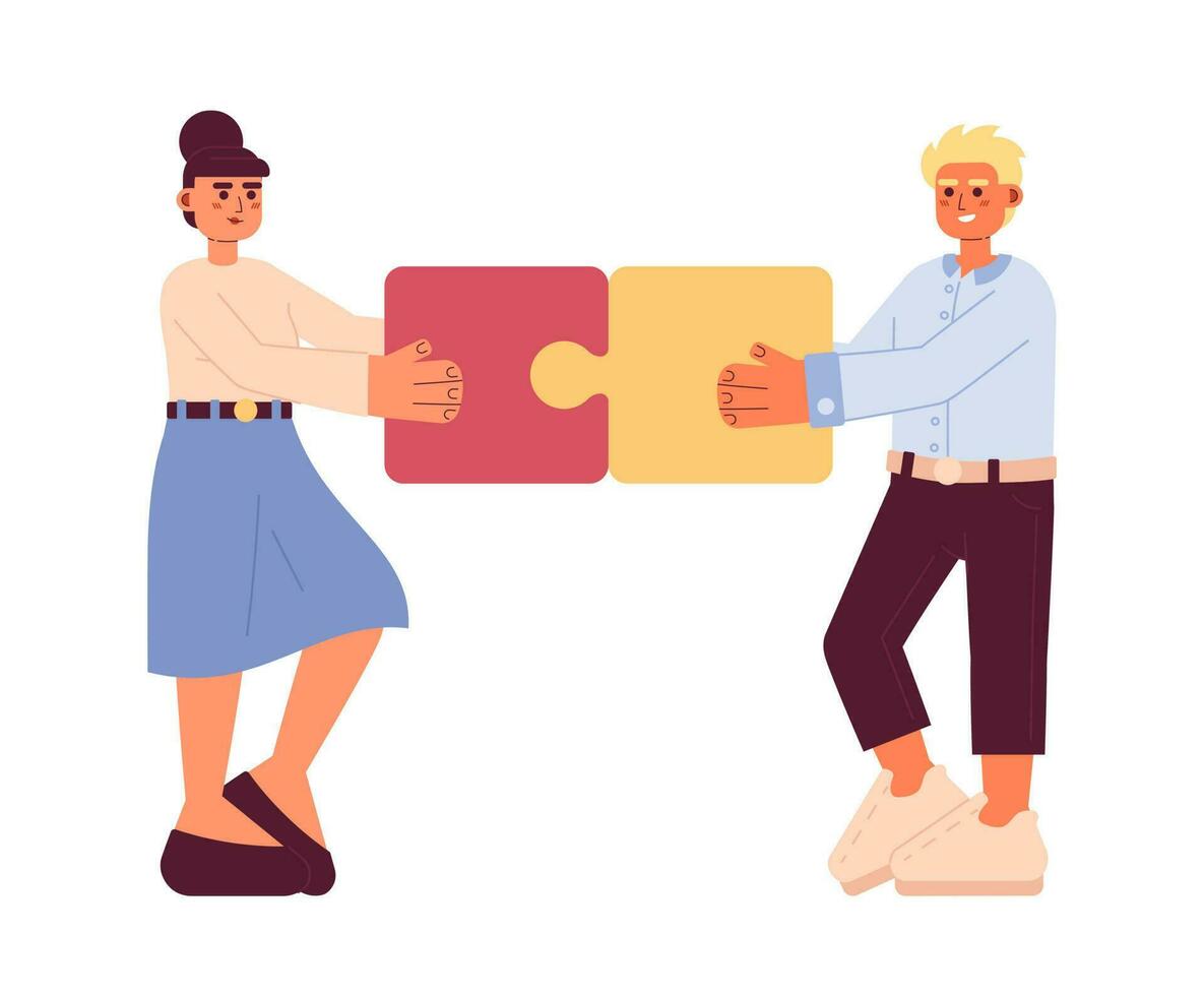 Networking businesspeople flat concept vector spot illustration. Colleagues putting puzzle together 2D cartoon characters on white for web UI design. Connect isolated editable creative hero image