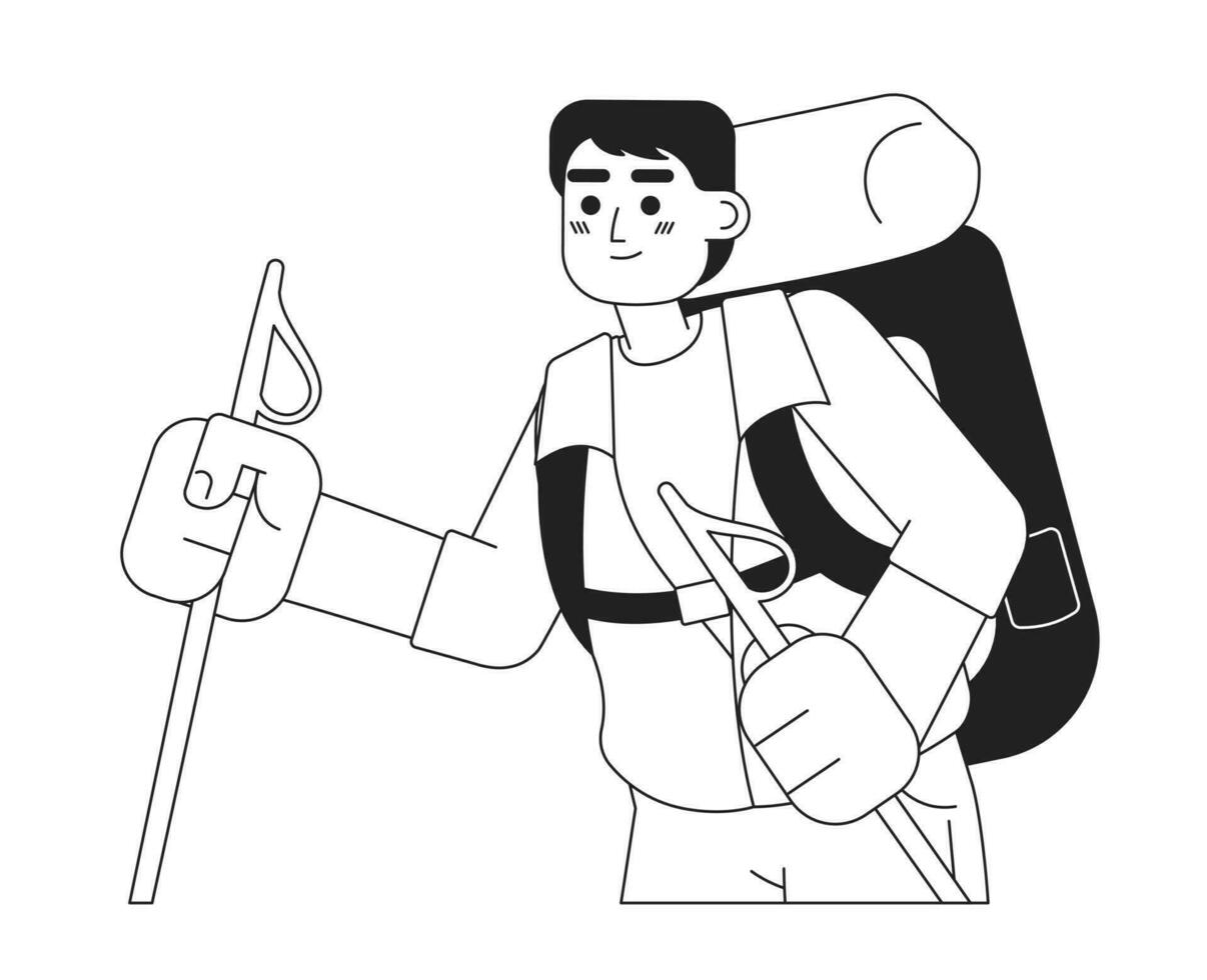 Backpacker trekker with walking poles flat vector cartoon outline character. Mountaineer climber spot illustration. Half body person isolated. Editable 2D black and white drawing, graphic design