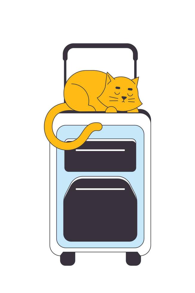 Cat sleeping on suitcase flat line vector spot illustration. Kitten lying on luggage top 2D cartoon outline object on white for web UI design. Summer vacation editable isolated colorful hero image