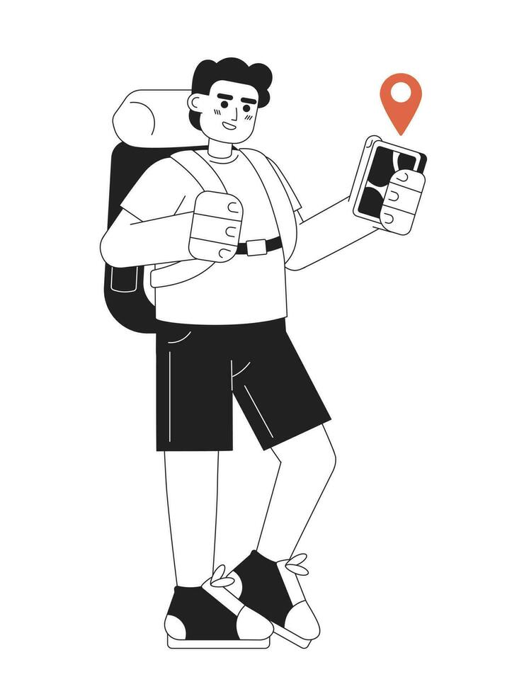 Male hiker looking at location tracking app flat vector cartoon outline character. Backpacker with phone spot illustration. Full body person isolated. Editable 2D black white drawing, graphic design