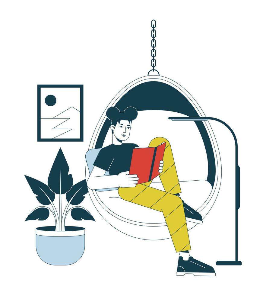 Reading in hanging chair flat line vector spot illustration. Asian woman reading book 2D cartoon outline character on white for web UI design. Girl bookworm editable isolated colorful hero image