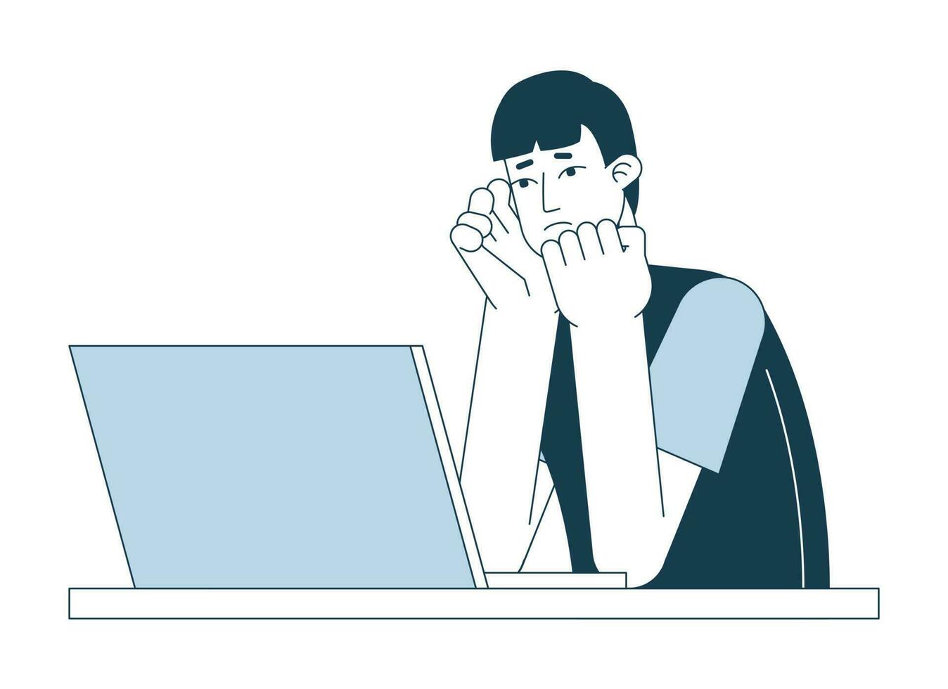 Frustrated man with laptop flat line vector spot illustration. Asian young student worry 2D cartoon outline character on white for web UI design. Pc problem editable isolated colorful hero image