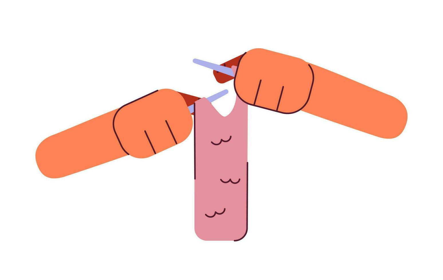 Knitting hands semi flat colorful vector hands. Knitting yarn, needles. Crochet class. Yarn needlework. Editable closeup pov on white. Simple cartoon spot illustration for web graphic design