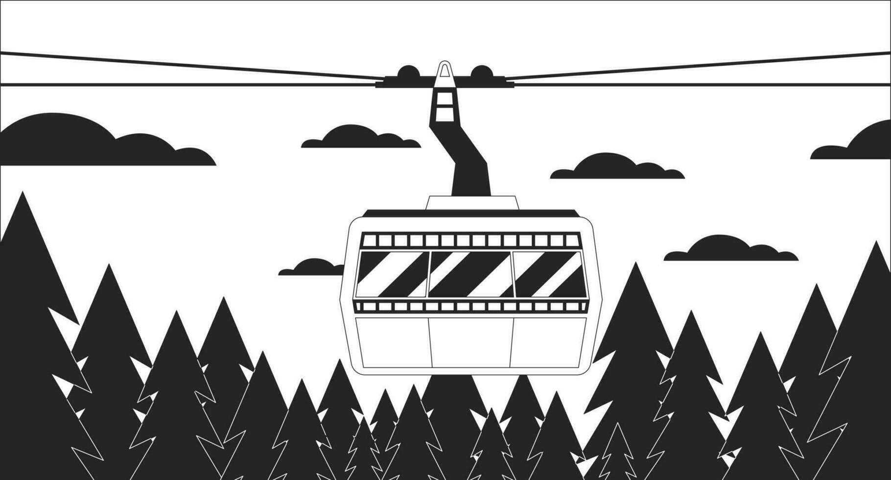 Cabin ropeway above forest skyline black and white lo fi chill wallpaper. Cableway in cloudy woods 2D vector cartoon landscape illustration, minimalism background. 80s retro album art, line art