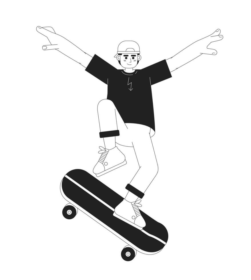 adolescente montando patineta plano vector dibujos animados contorno personaje. patinar juventud cultura Mancha ilustración. lleno cuerpo persona aislado en blanco. editable 2d negro y blanco dibujo, gráfico diseño