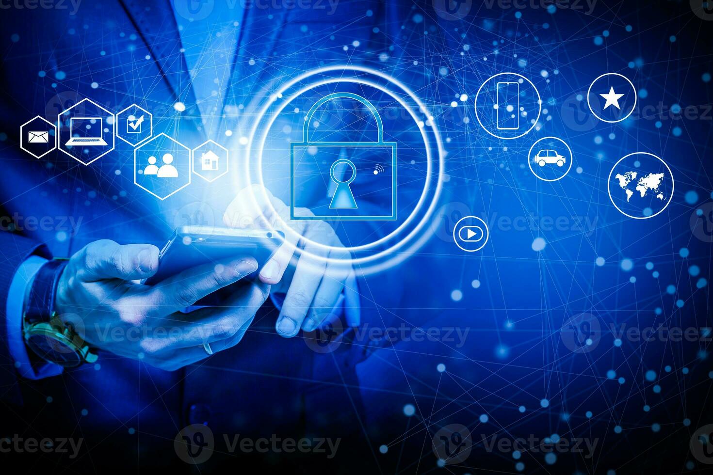 Data protection privacy concept. GDPR. EU. Cyber security network. Business man protecting his data personal information. Padlock icon and internet technology networking connection on virtual screen. photo