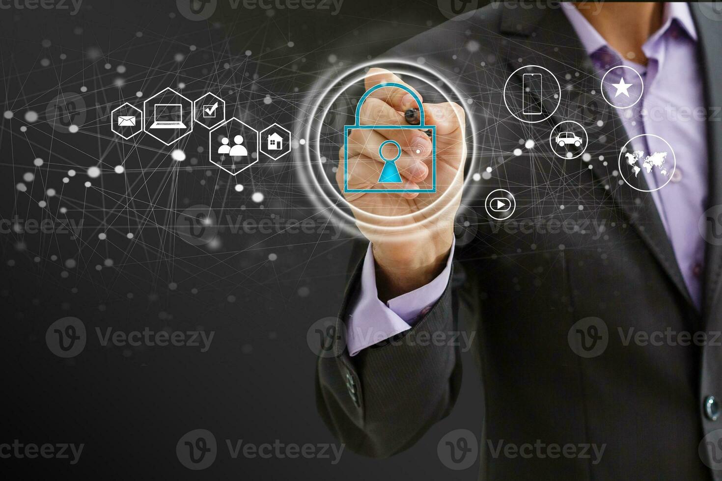 Cyber security network. Padlock icon and internet technology networking. Businessman protecting data personal information on tablet and virtual interface. Data protection privacy concept. GDPR. EU. photo