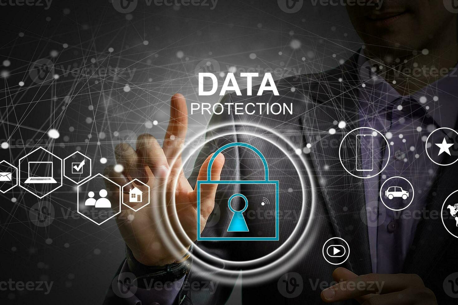 Data protection privacy concept. GDPR. EU. Cyber security network. Business man protecting his data personal information. Padlock icon and internet technology networking connection on virtual screen. photo