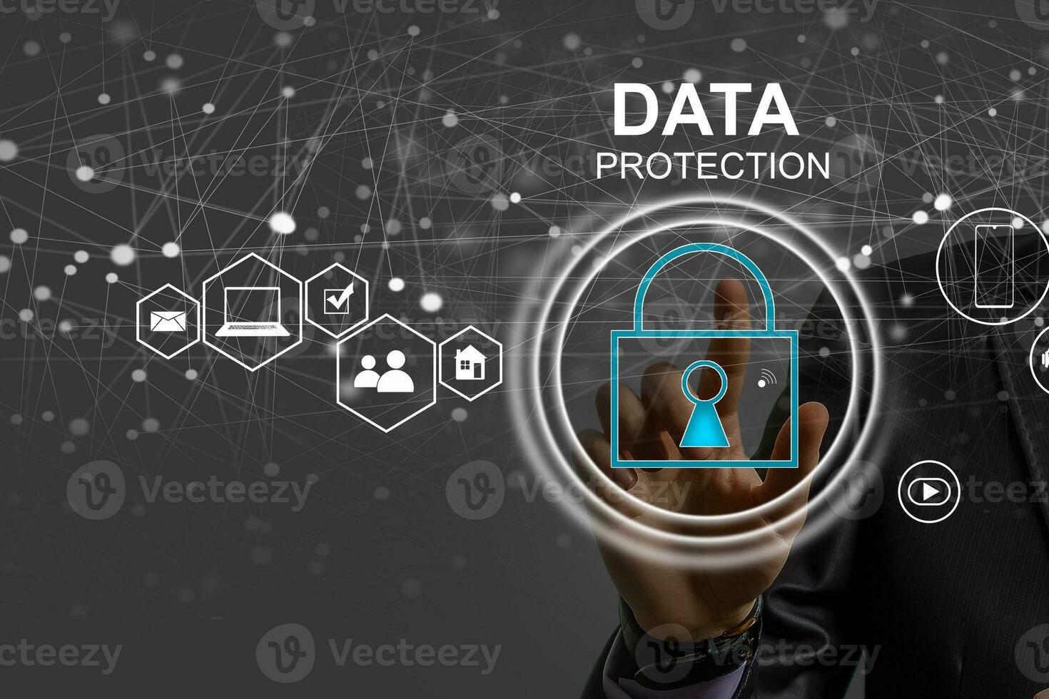 Businessman protecting data personal information on tablet and virtual interface. Data protection privacy concept. GDPR. EU. Cyber security network. Padlock icon and internet technology networking. photo