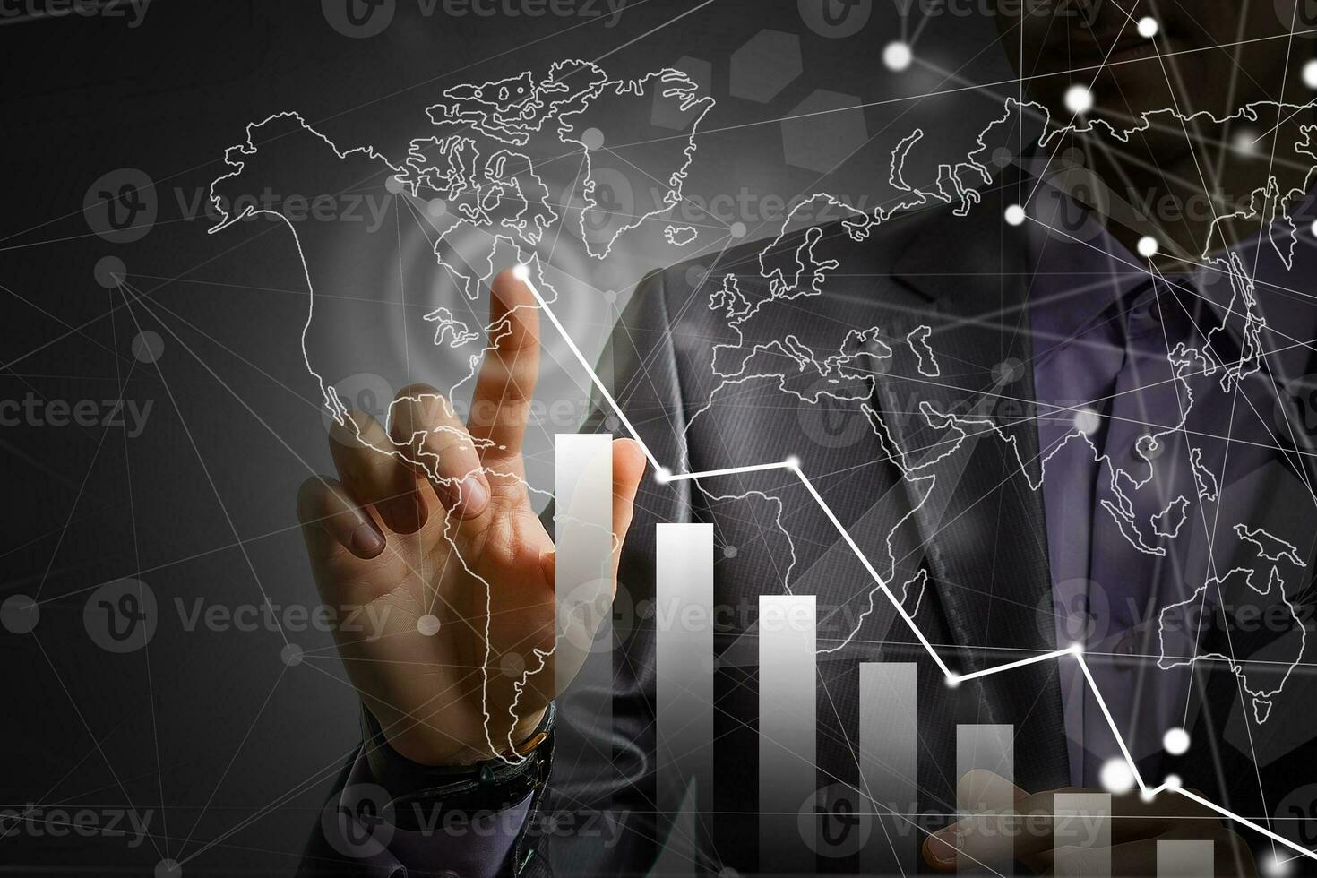 Man's hand pointing graph of success in 2021 year. Growing business concept photo