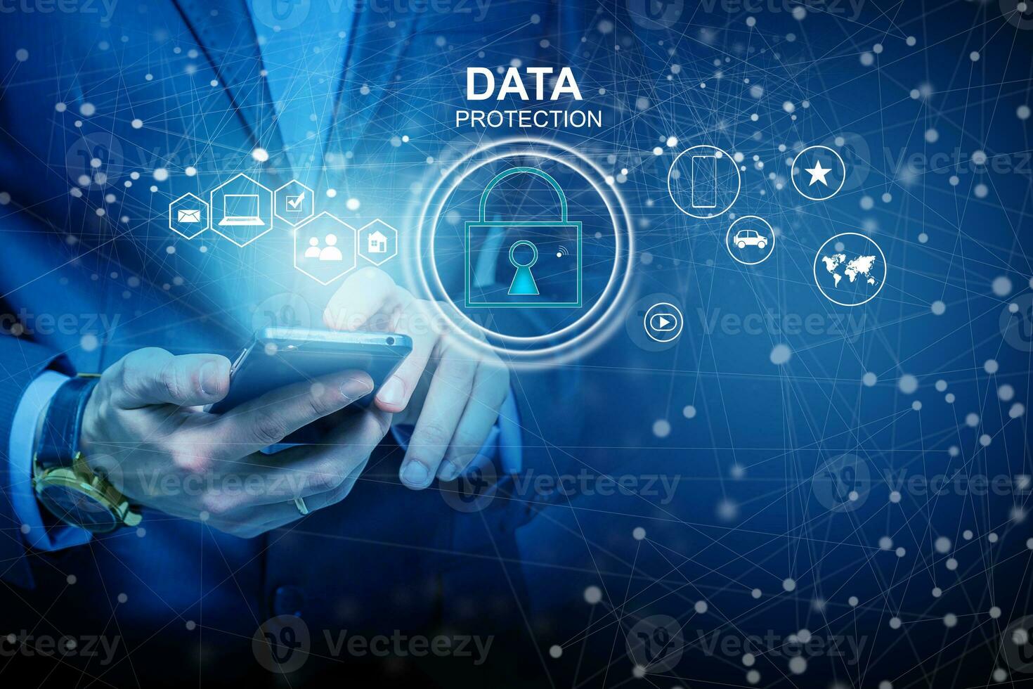 business, technology and internet concept - businessman pressing data security button on virtual screens photo
