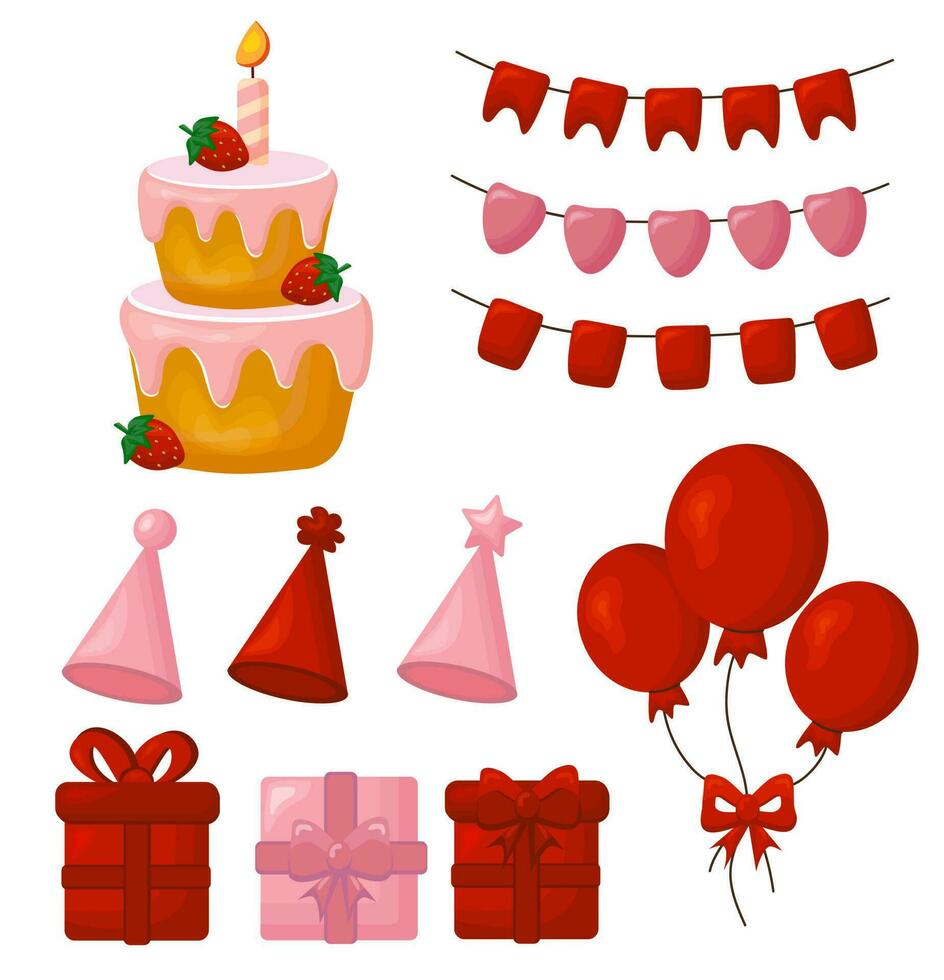 Set of birthday party decor elements. Cake with strawberries and candle, flag garlands, birthday caps, gift boxes, balloons.  Happy Birthday decorations. Isolated vector illustration.