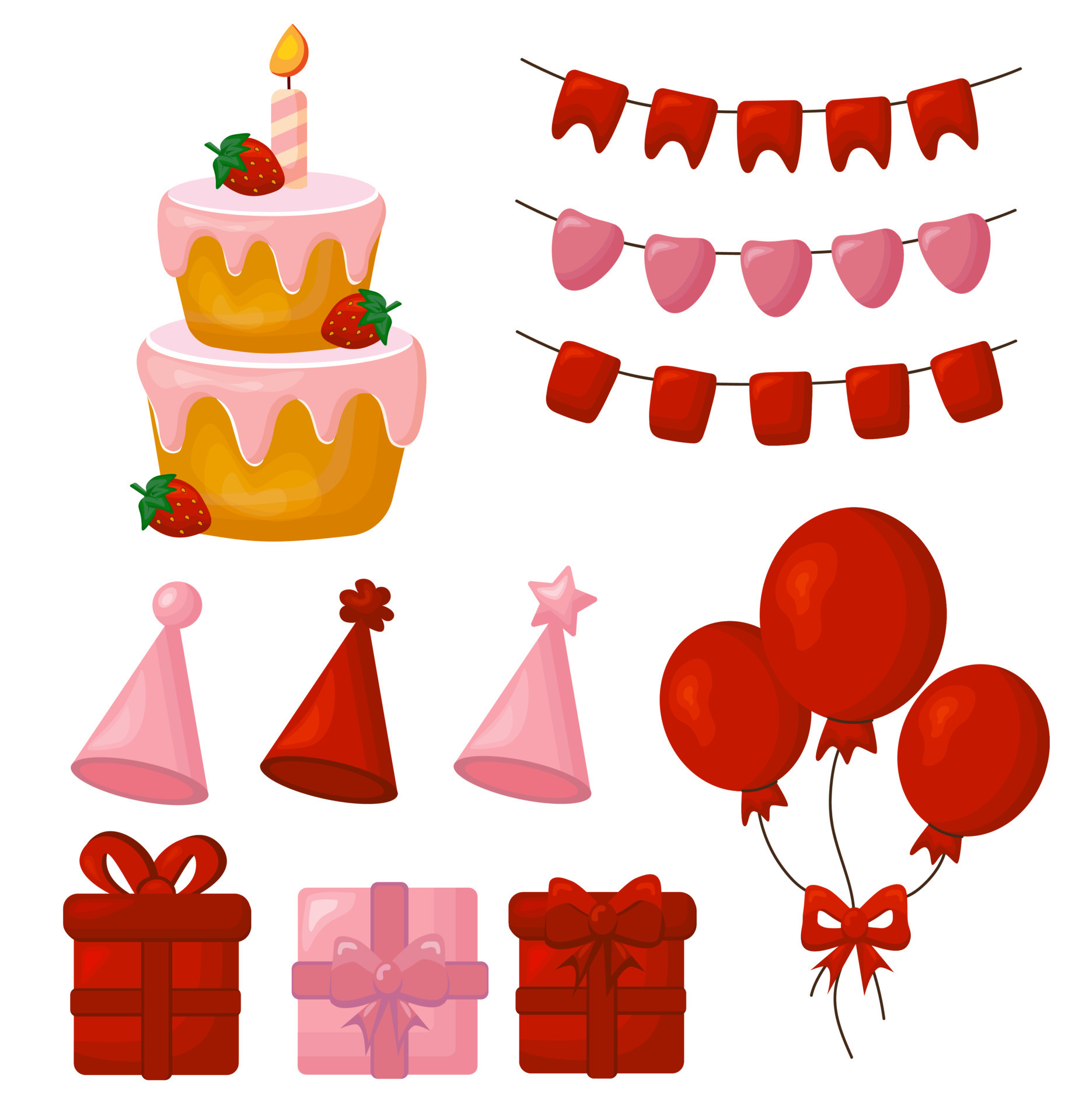 Colección de pegatinas para fiestas de cumpleaños icono con pastel, globos  y caja de regalo. Ilustración vectorial Imagen Vector de stock - Alamy