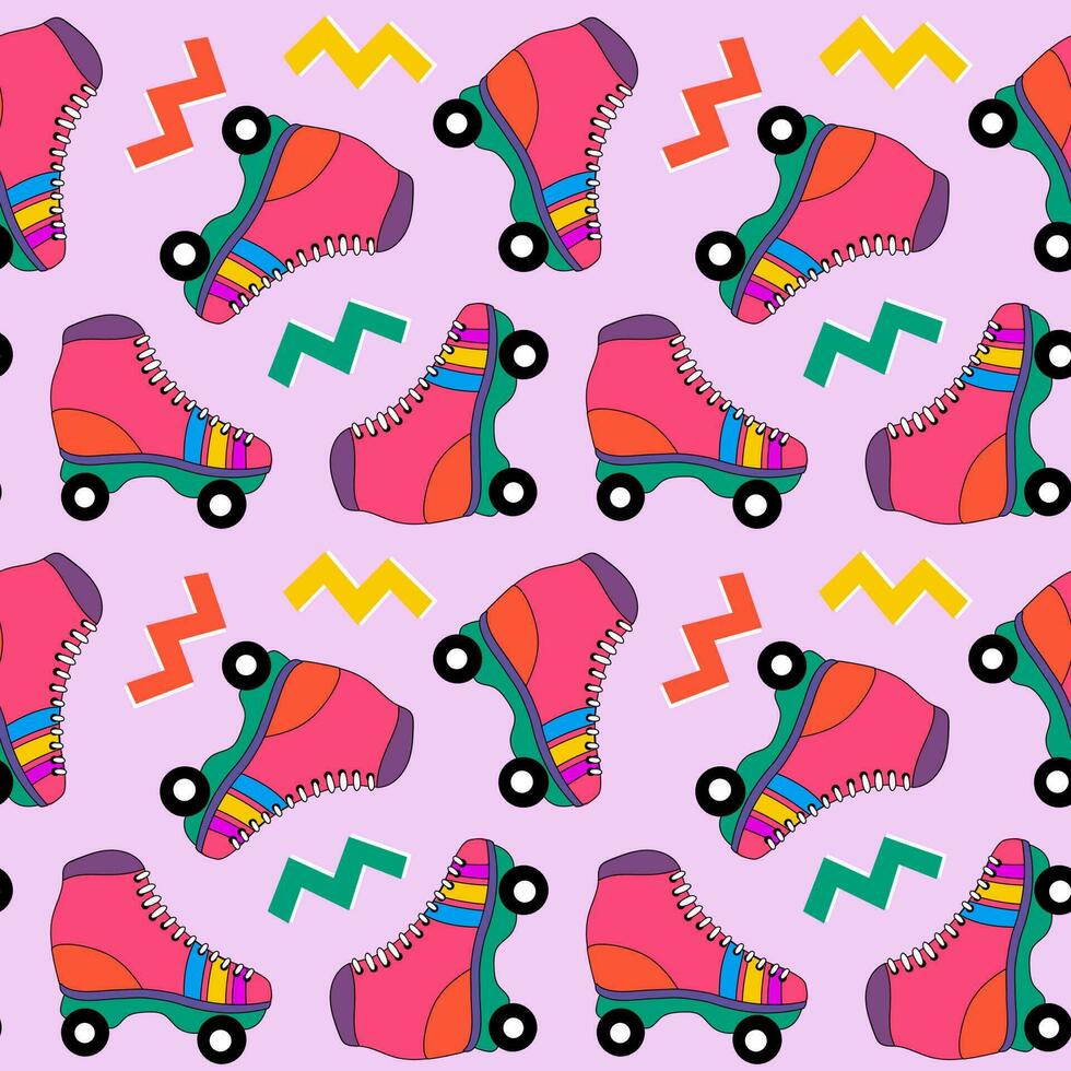 Seamless pattern with cute colorful retro roller skates. Vintage style 90s, 80s background with abstract elements. vector