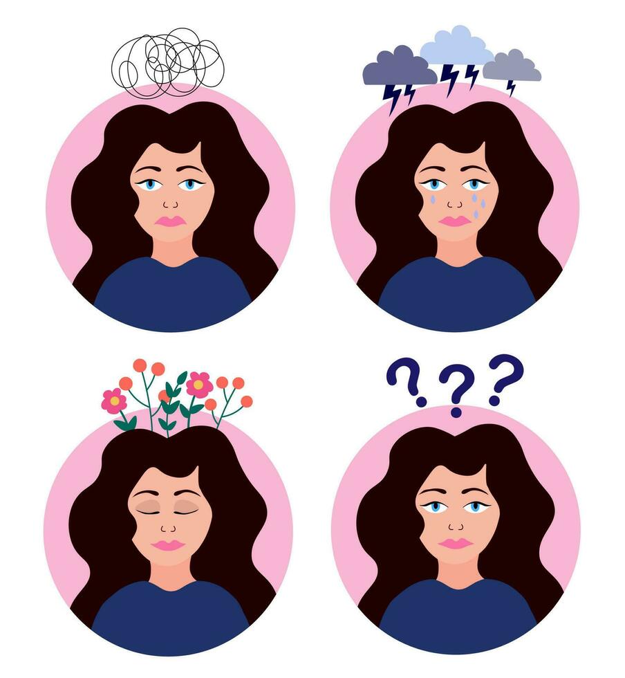 Sad woman cry, feel stressed, perplexity, calmness. Woman with mental problems. Stress Awareness. Anxiety. Depression. ADHD. Mental health. Inner peace. Flat vector illustration.