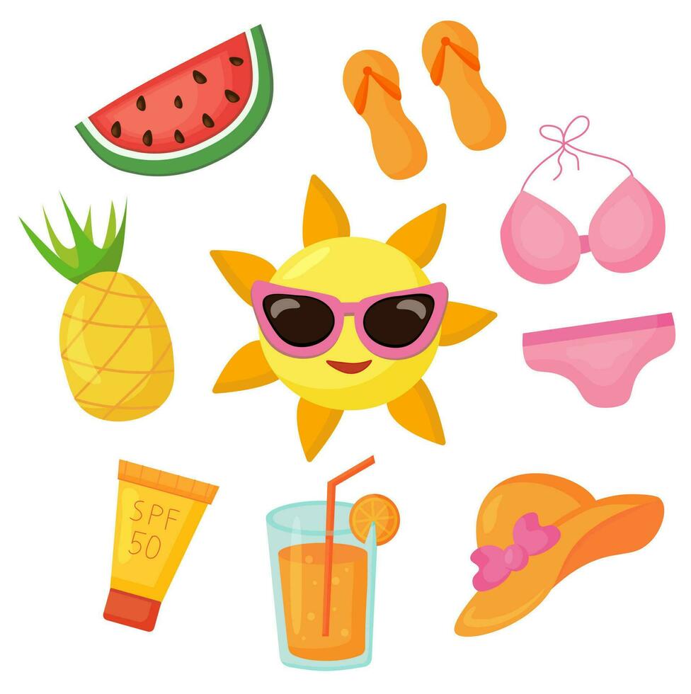 vector colección de verano pegatinas Dom en Gafas de sol, crema spf. sandía, piña. rosado bikini traje de baño con sombrero y dar la vuelta fracasos naranja cóctel con un paja.