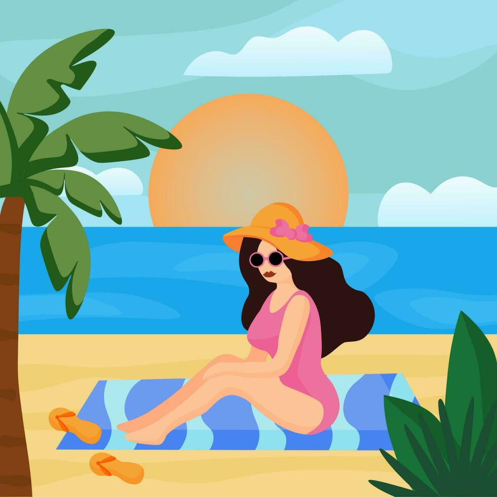 Girl on the beach of the island. Woman is sunbathing in swimsuit and glasses on the sand, flip flops nearby. Vector flat illustration of sea vacation, sun shining, palm tree