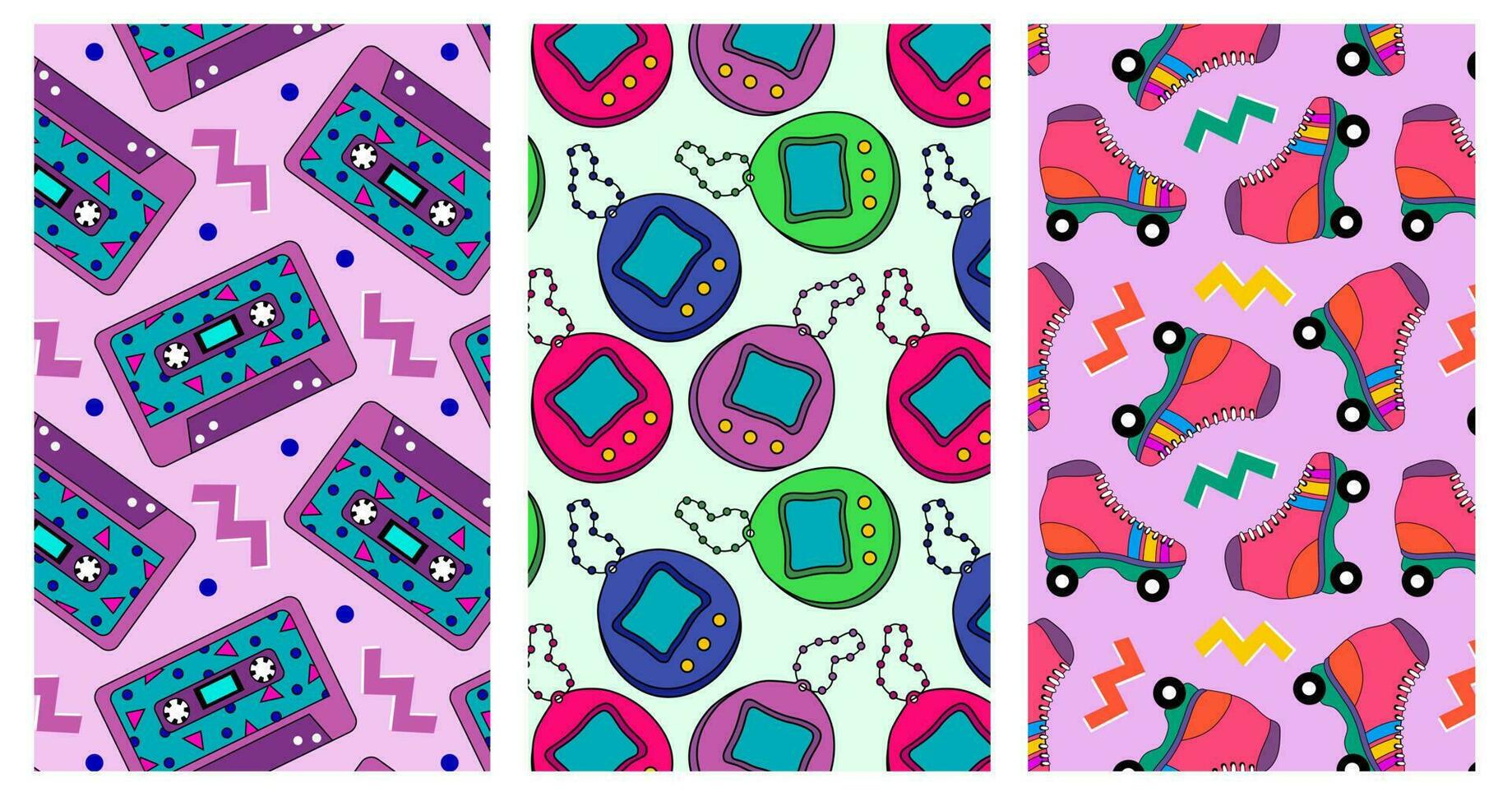Set of retro seamless patterns. Vintage pattern with audio tape cassettes, japanese toy, roller skates and abstract figures. Vintage style 90s, 80s background. vector
