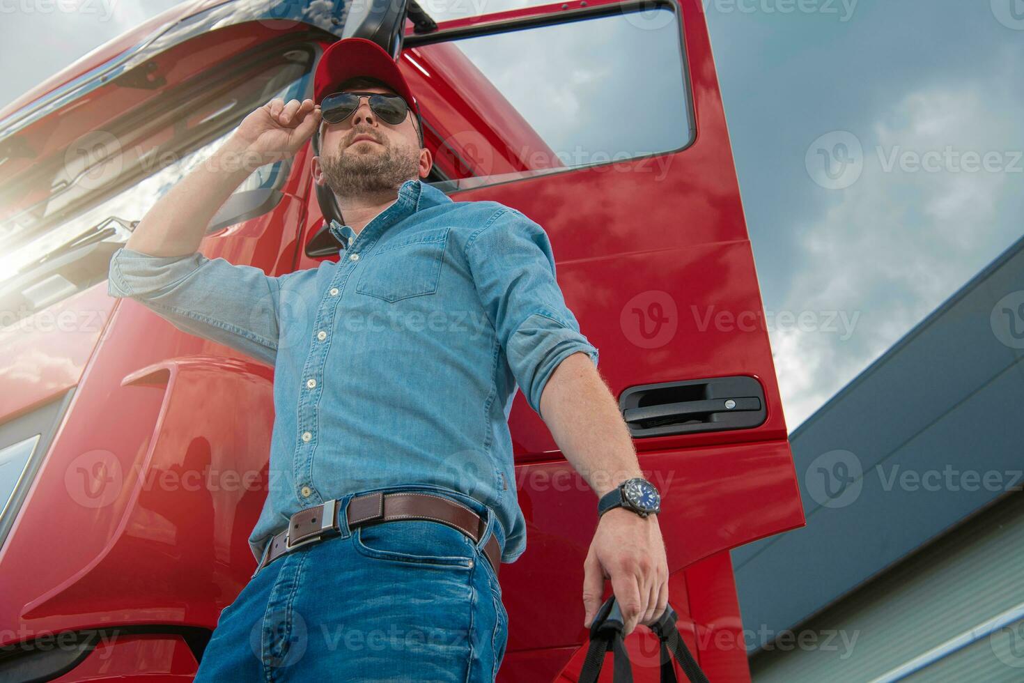 Caucasian Modern Semi Tractor Truck Driver photo