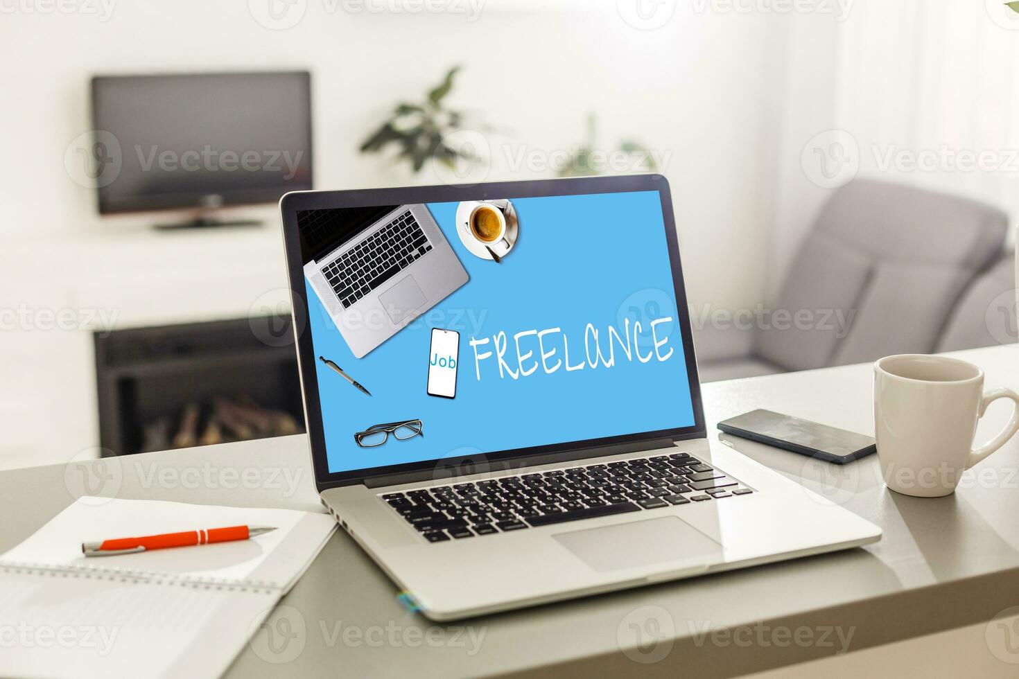 Home freelance desktop with open laptop computer on the table, blank screen for information content or text message photo