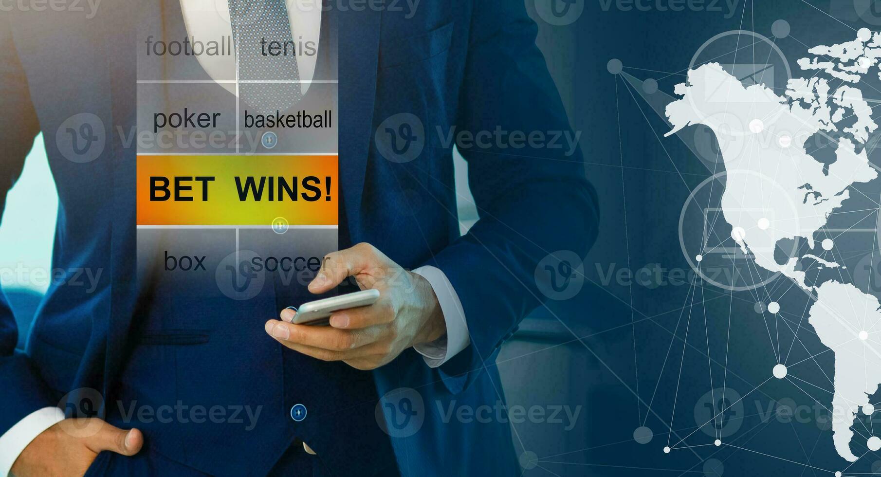 Euphoric happy businessman wear suit celebrate mobile win, excited overjoyed lucky executive winner receive good news in app message use smartphone rejoice bet win financial success victory in office photo